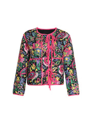 Paisley quilted jacket with tie closure in black with pink trim and colorful floral print.