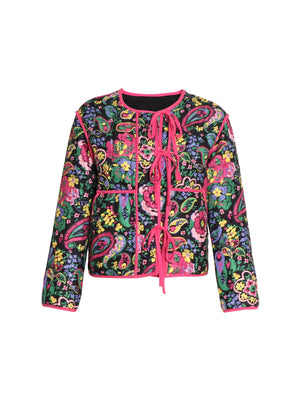 Paisley quilted jacket with tie closure in black with pink trim and colorful floral print.
