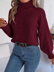 Burgundy cable knit turtleneck sweater with drop shoulder and textured pattern.