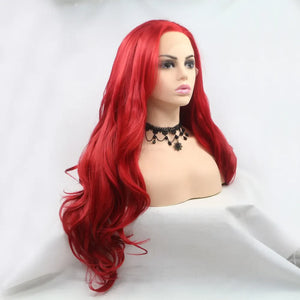 Crimson lace front wig with long, wavy red hair styled on a mannequin with a black choker.