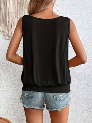 Black gathered front tank top with scoop neck, shown from the back.