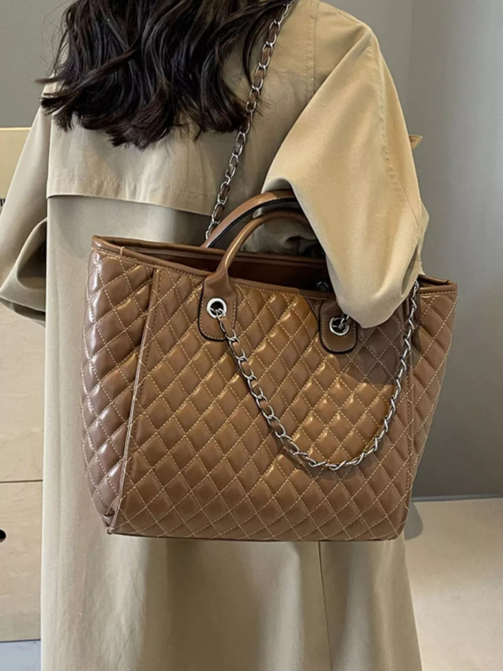 Quilted Chain Shoulder Bag in Brown, back view