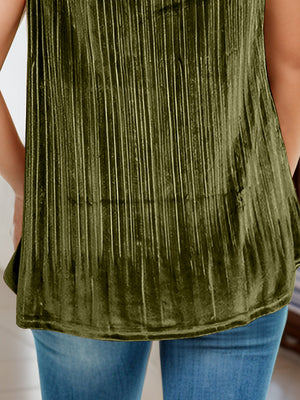 Olive brown velvet cami with vertical pleats and lace trim detail