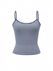 Blue and white striped fitted cami top with thin straps.