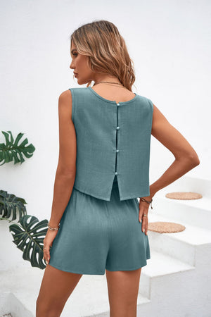 Teal textured crop top and shorts set with button back detail