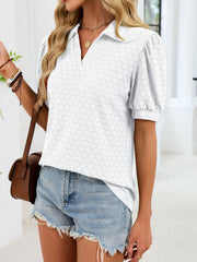 White eyelet collar top with puff sleeves and v-neck
