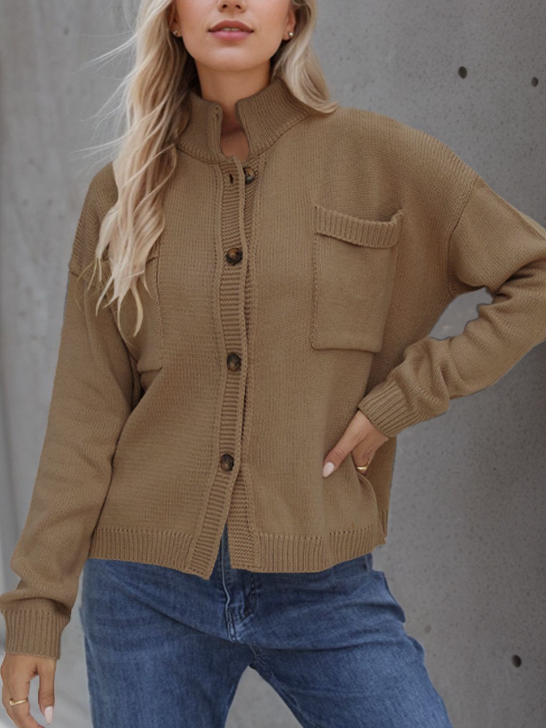 Camel stand collar knit cardigan with buttons and chest pocket