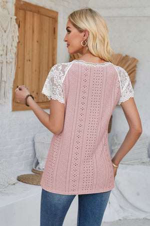 Dusty Pink eyelet blouse with white lace raglan sleeves and scalloped trim.