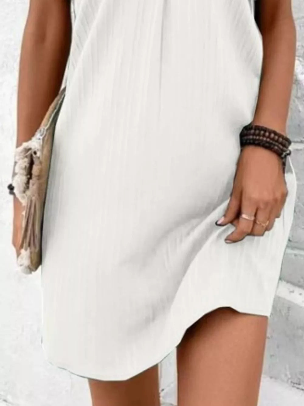 Full Size Casual V-neck Short Sleeve Dress in Silver, close-up detail