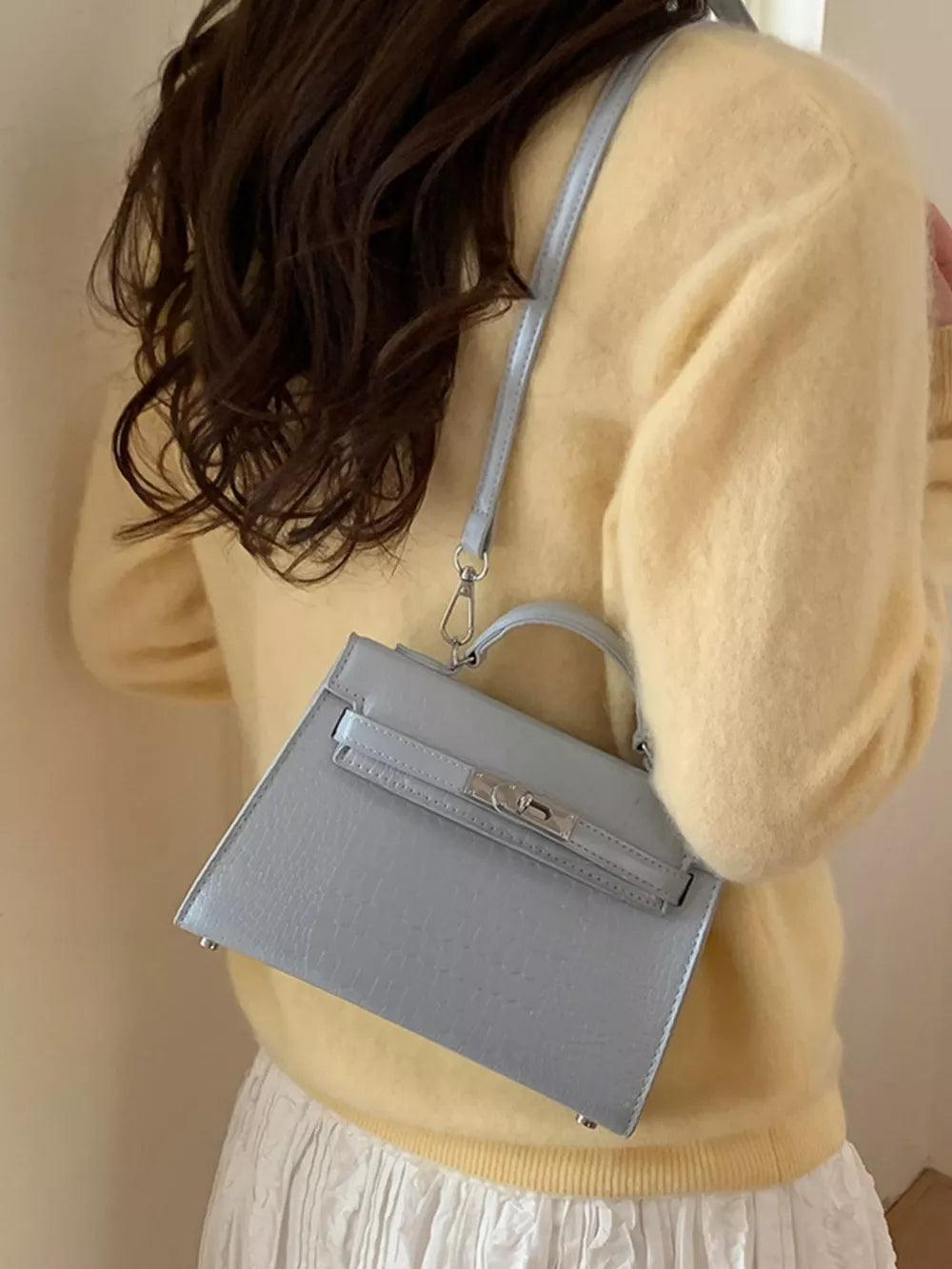 Croc-embossed Top-handle Crossbody Bag in Blue, close-up detail