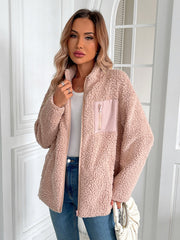 Teddy fleece jacket in watermelon pink with zip front and patch pocket detail.