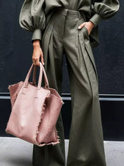 Chic army green lantern sleeve shirt and wide-leg pants set with pleated detail.