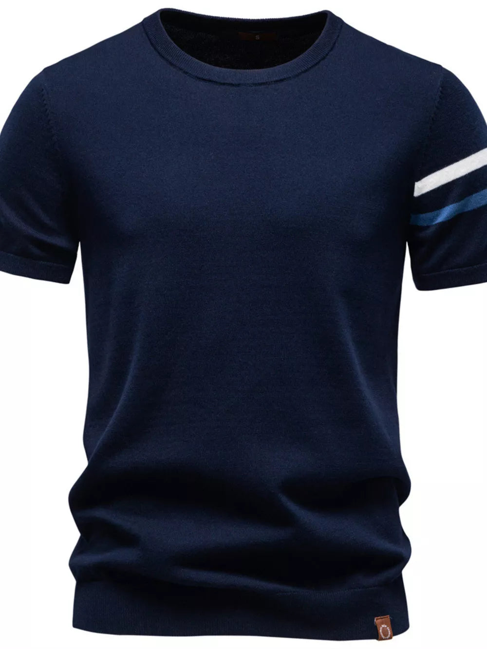 Navy cotton t-shirt with striped sleeves and crew neck.