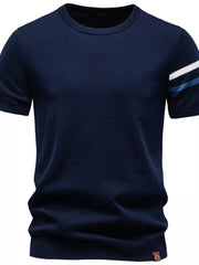 Navy cotton t-shirt with striped sleeves and crew neck.