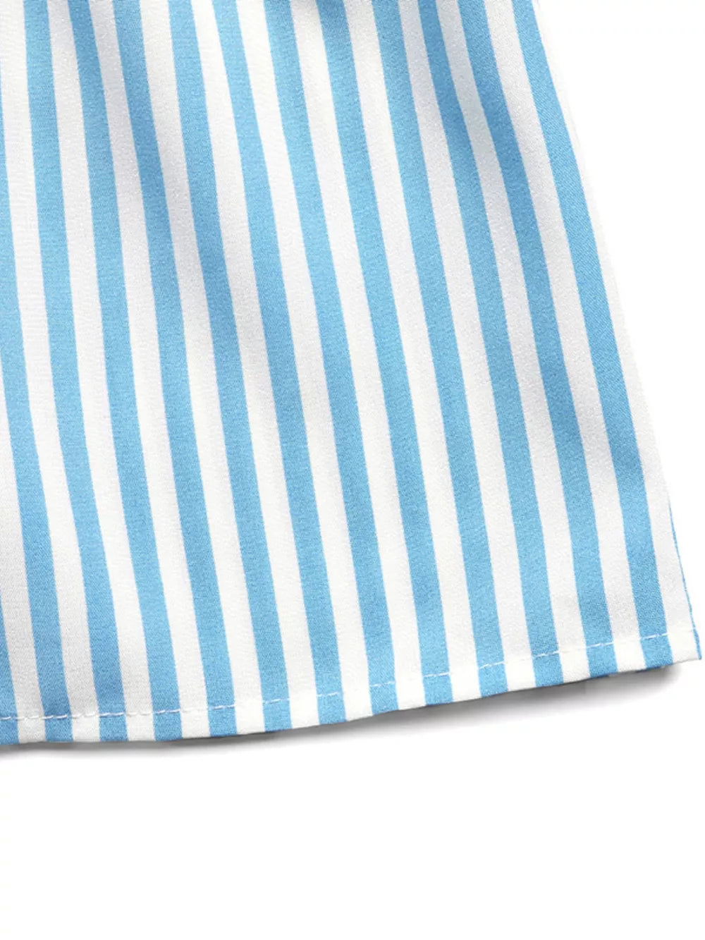 Blue and white striped midi dress with lace trim detail
