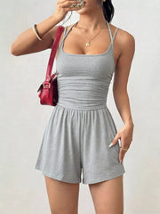 Ruched Spaghetti Strap Romper in Olive Green, view 18