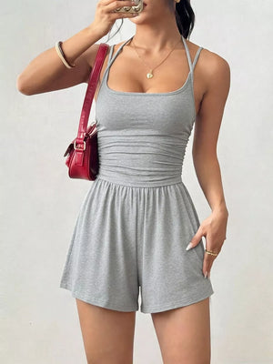 Ruched Spaghetti Strap Romper in Olive Green, view 18