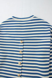 Peacock blue striped henley top with button detail on back