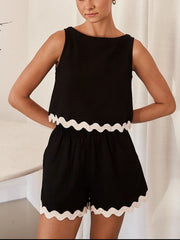 Black linen tank and shorts set with scalloped trim