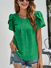 Mid Green textured puff sleeve dot blouse with gathered neckline and short sleeves.