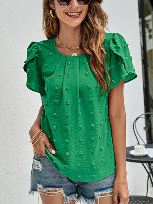 Mid Green textured puff sleeve dot blouse with gathered neckline and short sleeves.