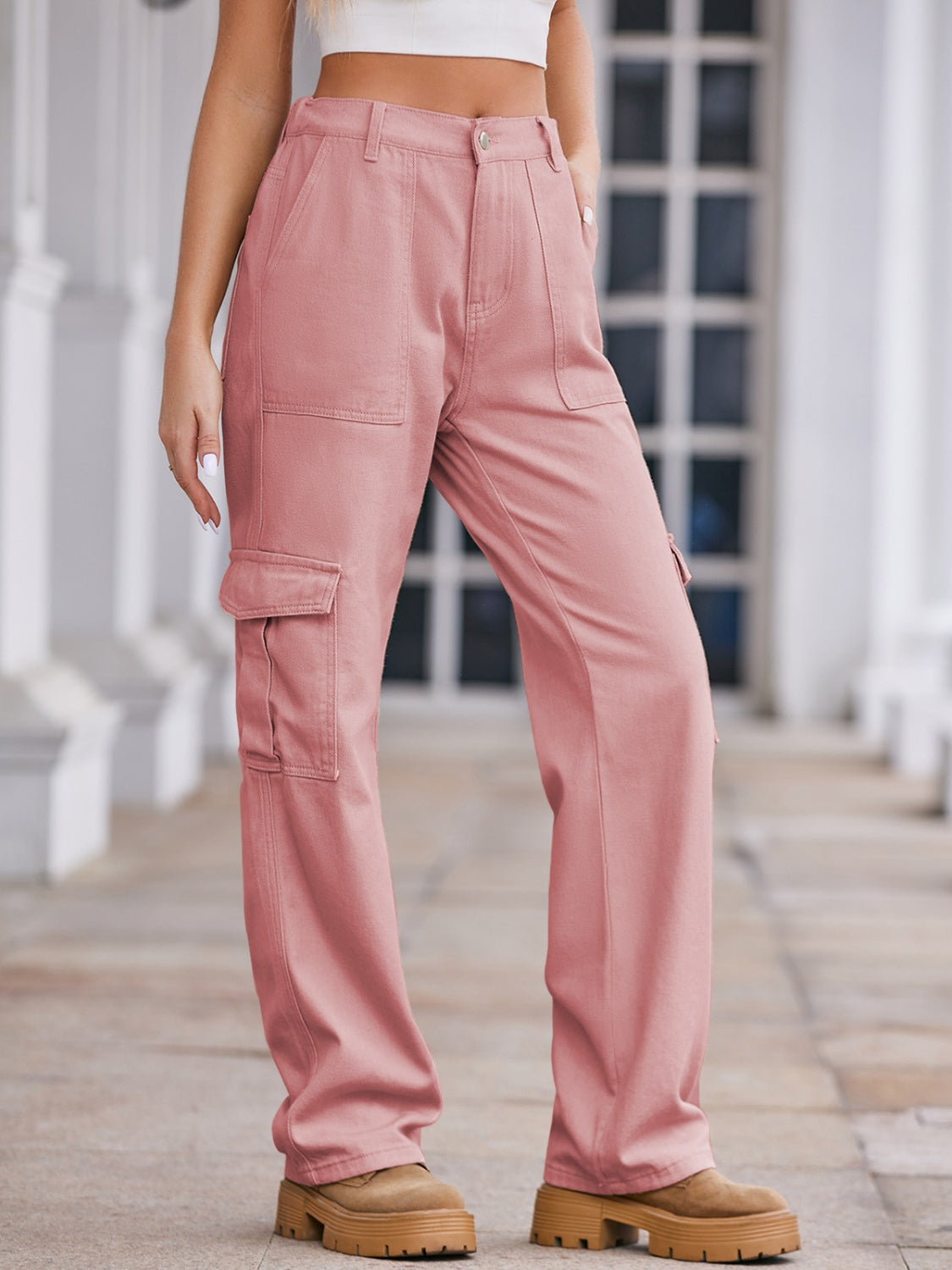 Dusty Pink utility pocket wide-leg cargo pants with multiple pockets.