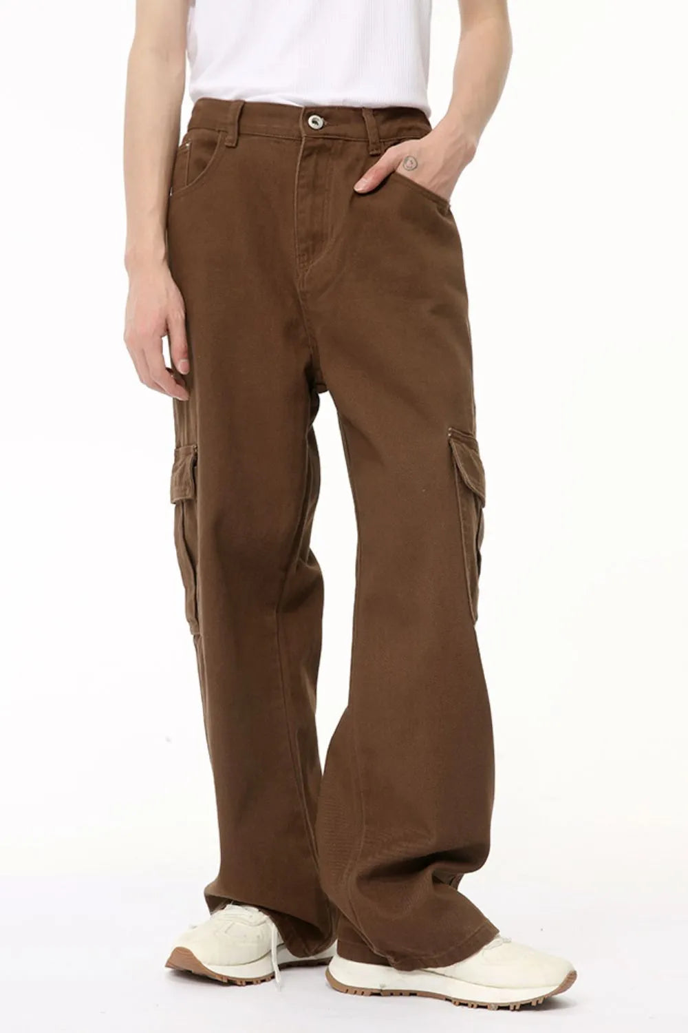 Brown cargo pants with multiple pockets and a relaxed fit.