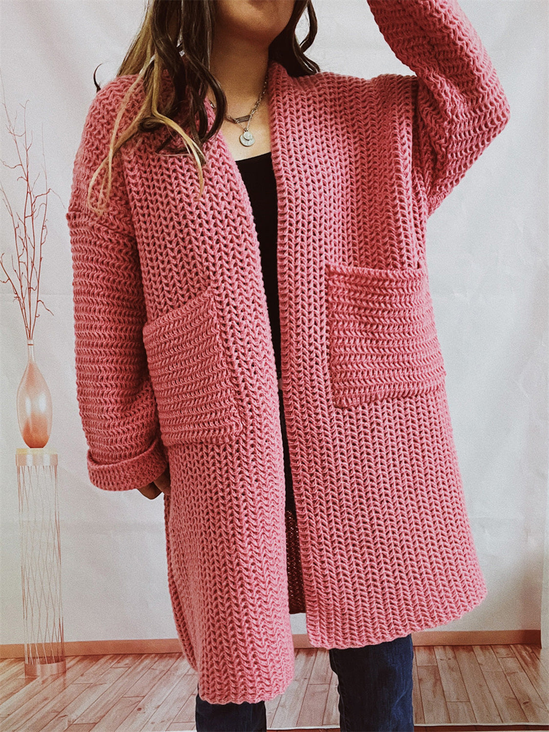 Dusty Pink chunky knit cocoon cardigan coat with pockets and open front.