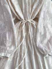 Elegant tie-waist dress in tan with sheer floral embroidery and long sleeves.