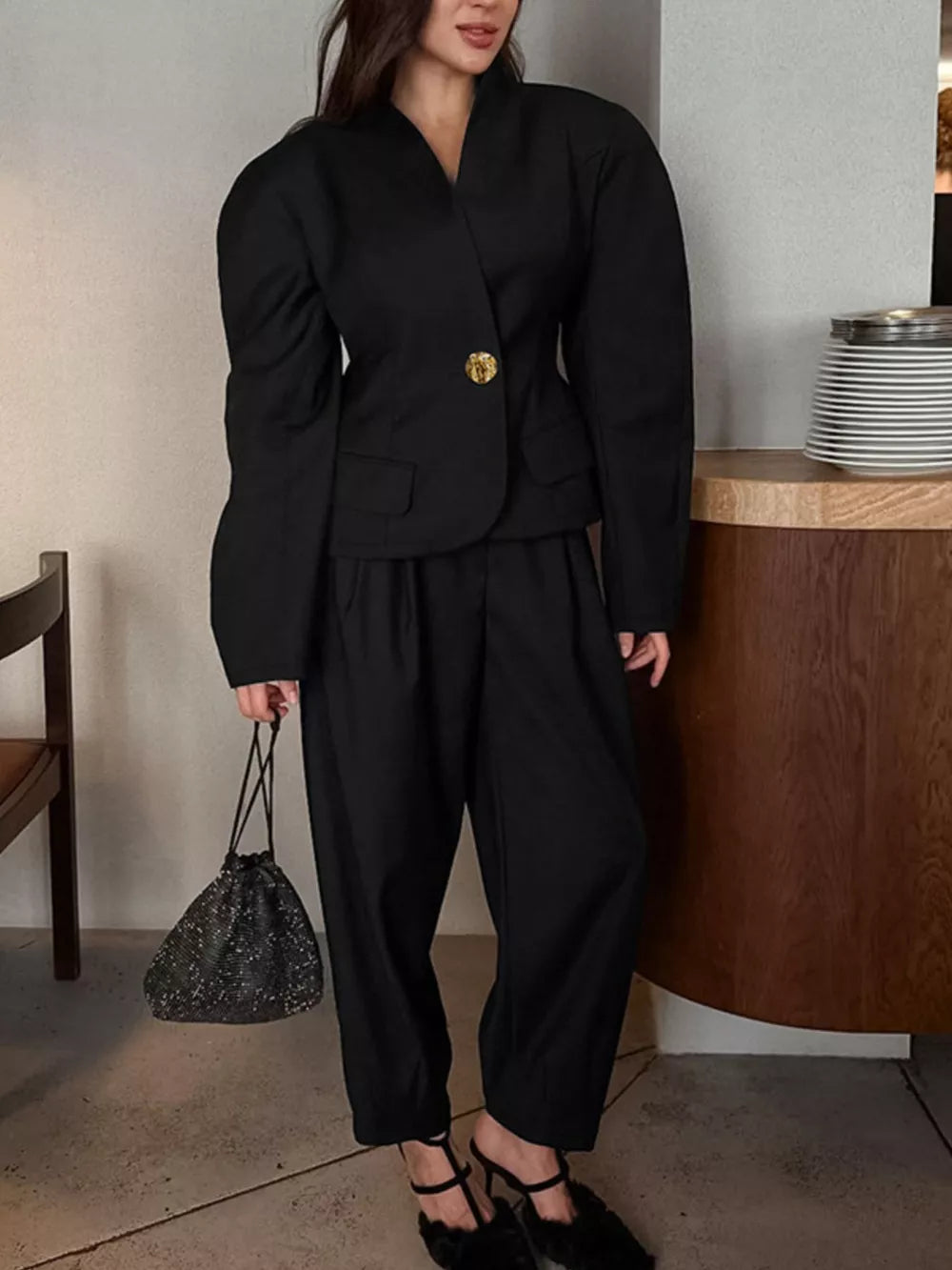 Puffy Sleeve Blazer And Wide-leg Pants Set in Black, front view