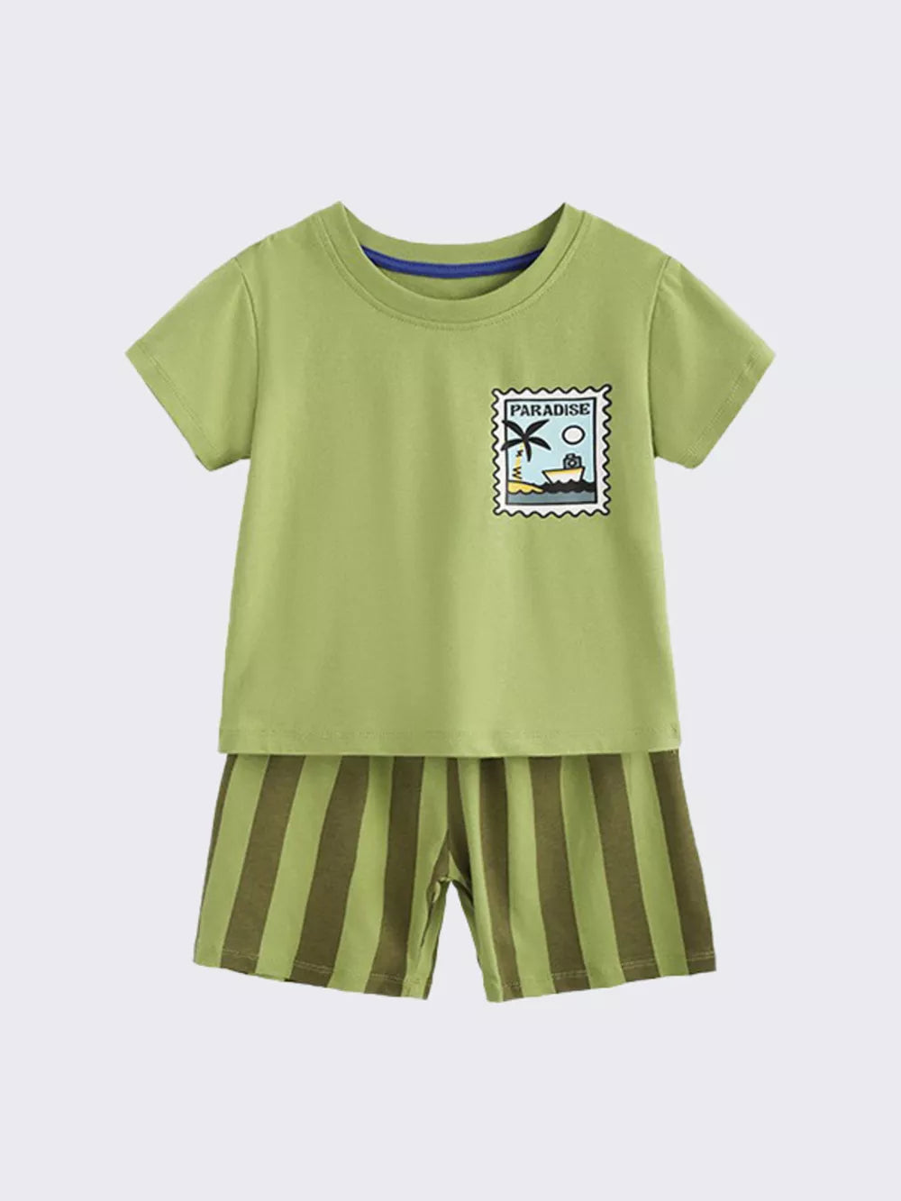 Boys' green cotton tee with paradise stamp graphic and striped shorts.