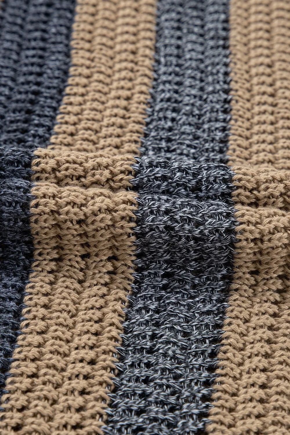 Open knit boxy tee with vertical stripes in tan and charcoal grey.