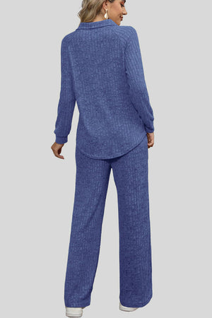 Dusty Blue ribbed knit lounge set with collar and wide leg pants.