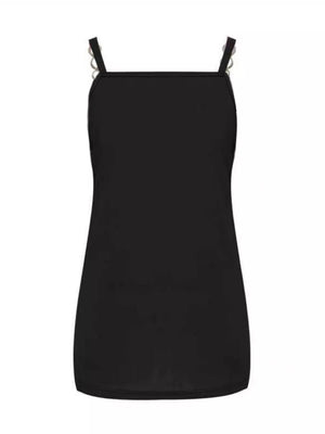 Black polyester camisole with chain strap detail and square neckline.
