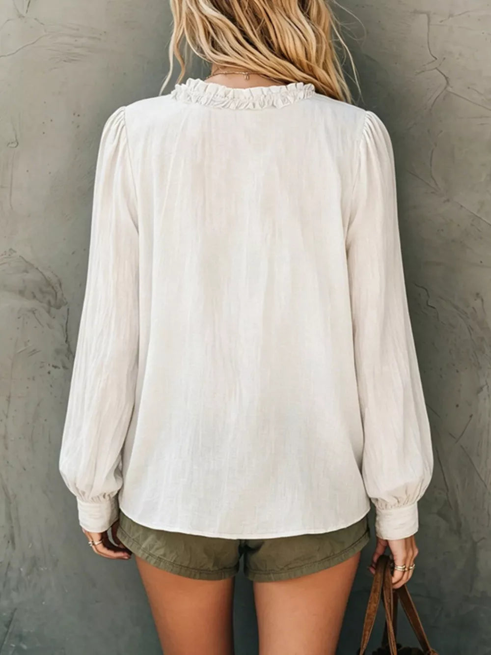 Frill V-neck Long Sleeve Blouse in White, close-up detail