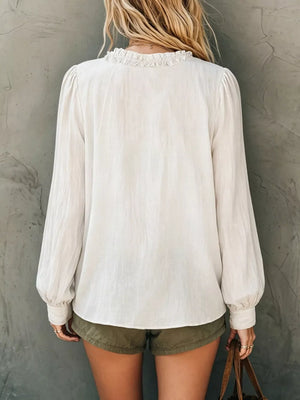 Frill V-neck Long Sleeve Blouse in White, close-up detail
