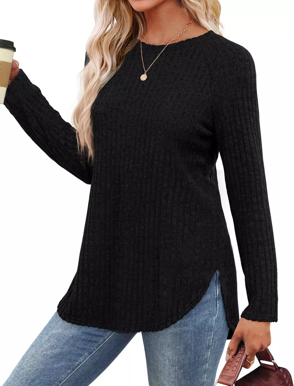 Black ribbed knit long sleeve maternity t-shirt with crew neck and side slits