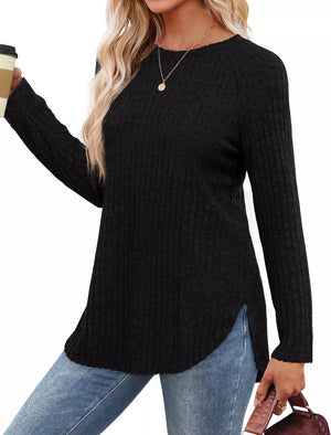 Black ribbed knit long sleeve maternity t-shirt with crew neck and side slits