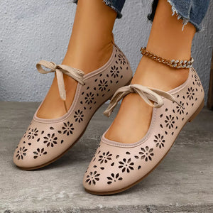 Apricot floral cutout slip-on flats with tie detail