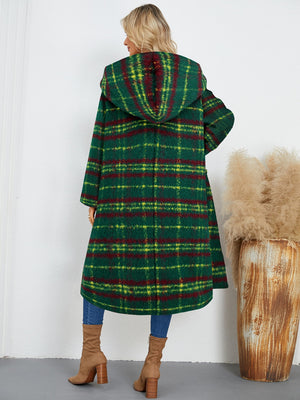 Dark green tartan toggle hooded coat with red and yellow plaid pattern.