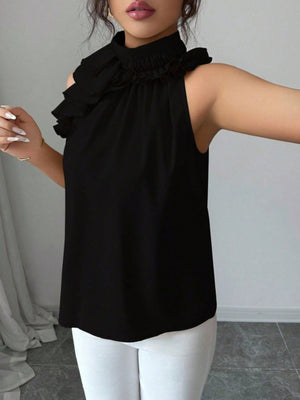Ruffled high neck sleeveless top in red, black, apricot, or brown.