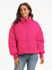 Hot Pink padded bomber jacket with ribbed cuffs and a stand-up collar.