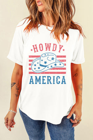 White graphic tee with cowboy hat, stars, and "Howdy America" text.