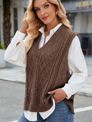 Brown cable knit V-neck sweater vest with diamond pattern detail.