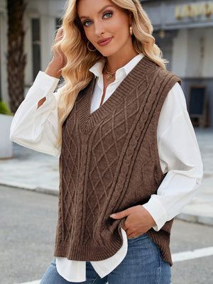 Brown cable knit V-neck sweater vest with diamond pattern detail.