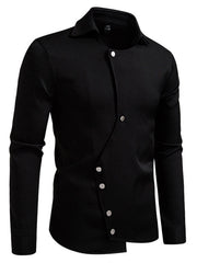 Black asymmetrical button detail shirt with classic collar and long sleeves.