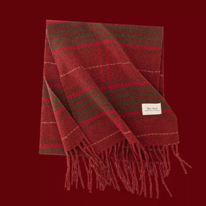 Cozy plaid scarf in red and green with fringe detail and a cream tag.