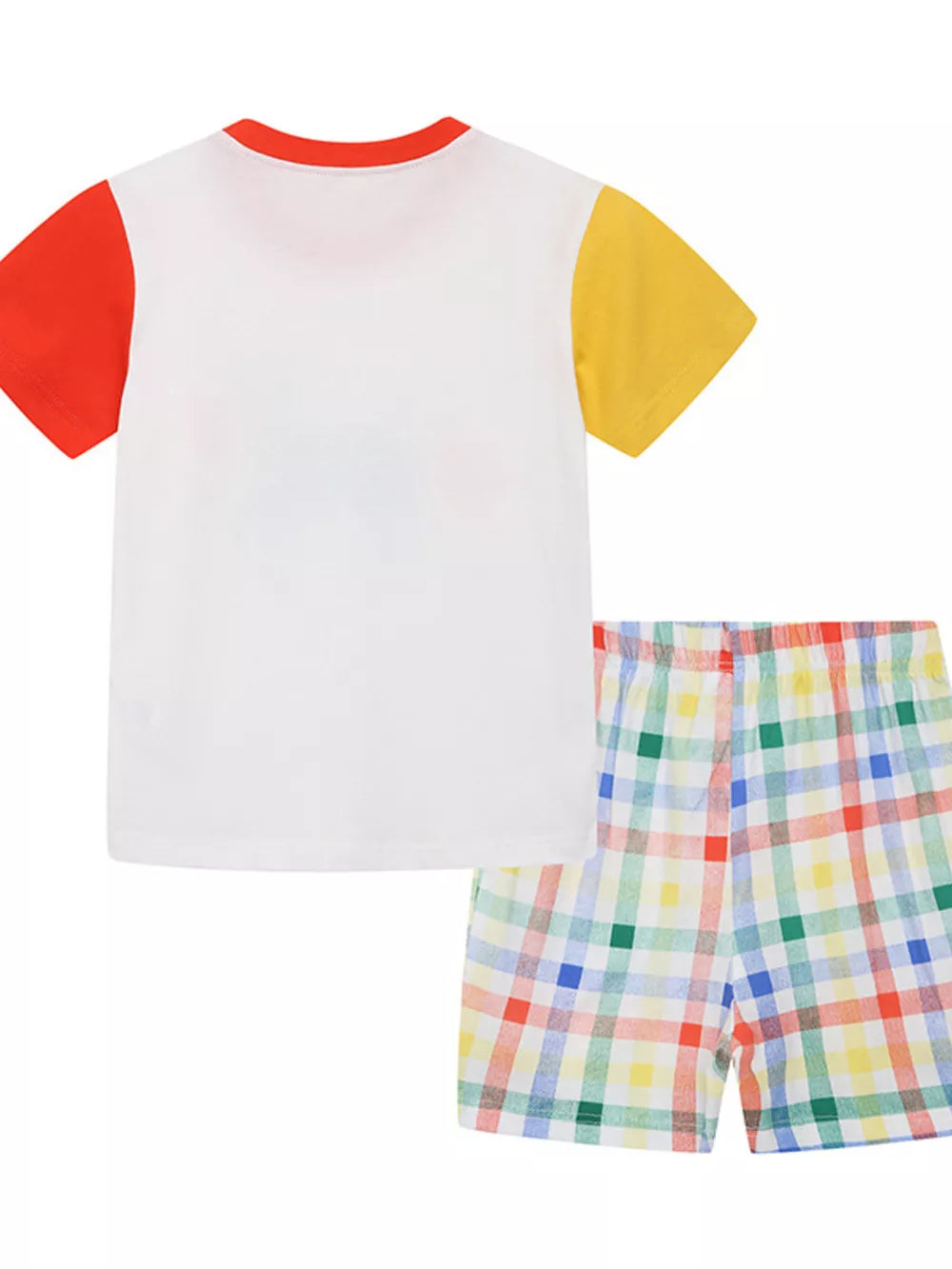 Toddler color block t-shirt with red and yellow sleeves and plaid shorts.
