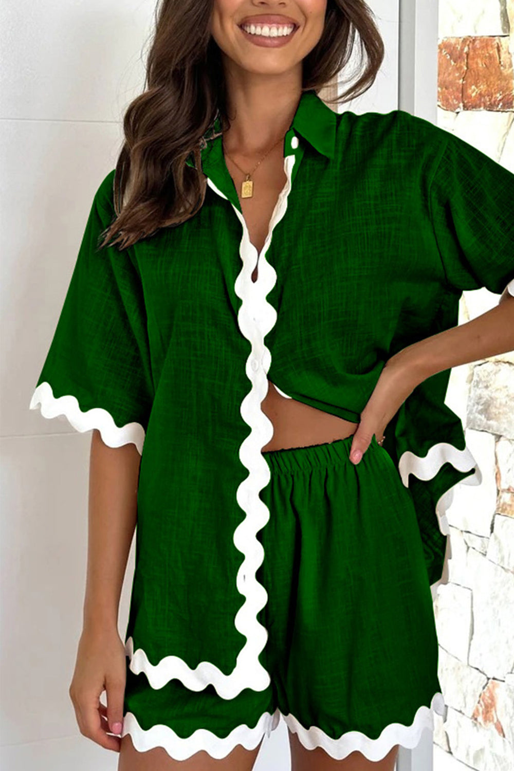 Dark green linen shirt and shorts set with white scalloped trim