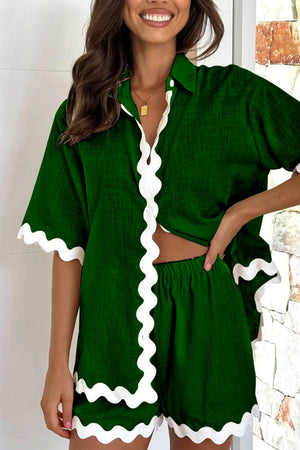 Dark green linen shirt and shorts set with white scalloped trim